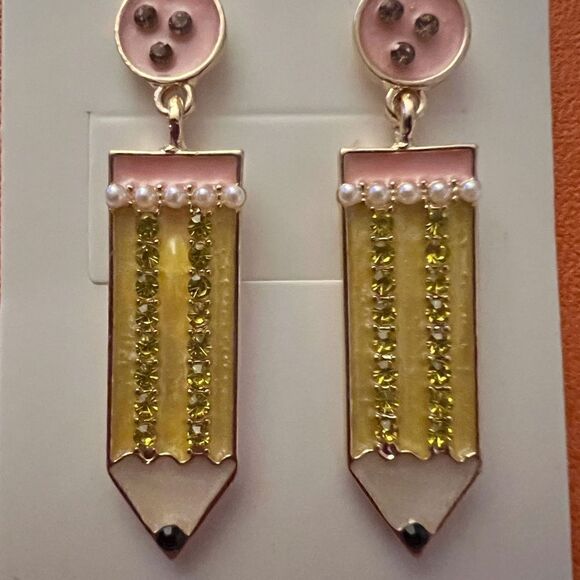 ✏️ Betsey Johnson crystal embellished pencil dangle earrings ✏️ - Picture 3 of 4
